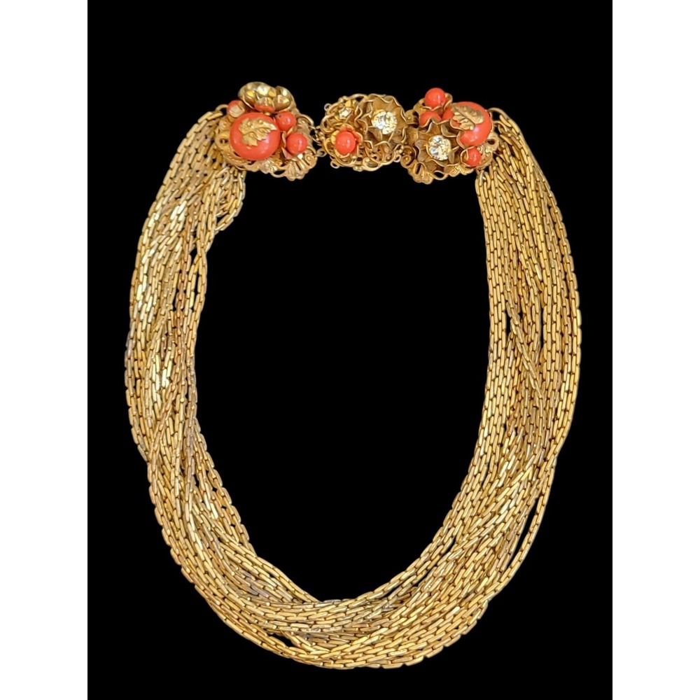 Rare Miriam Haskell Multi Strand Chain Orange Milk Glass Flower Clasp Necklace